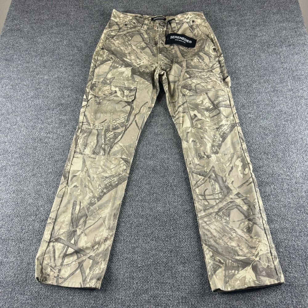 Serenede Baggy Denim Jeans Mens 28 Beige Camouflage Cargo Wide Leg Denim
